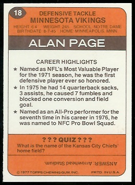 Back of 1977 Holsum Bread Alan Page football card