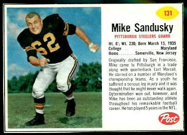 Mike Sandusky 1962 Post Cereal football card