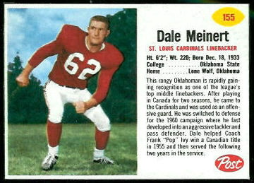 Dale Meinert 1962 Post Cereal football card