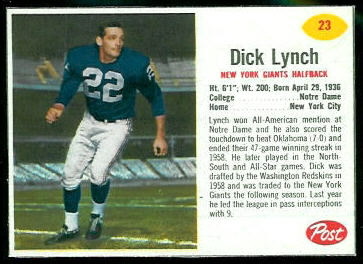 1962 Post Cereal Jim Lynch pre-rookie football card
