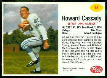 1962 Post Cereal Howard Cassady football card