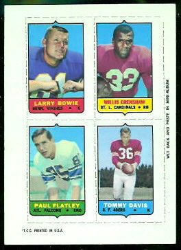 Bowie - Crenshaw - Flatley - Davis 1969 Topps 4-in-1 football card