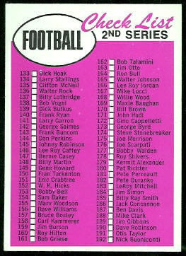1969 Topps second series football card checklist, with border