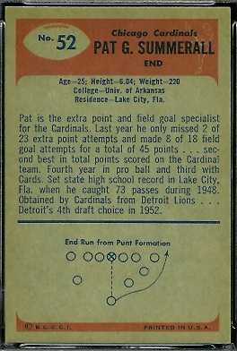 1955 Bowman Pat Summerall rookie football card back