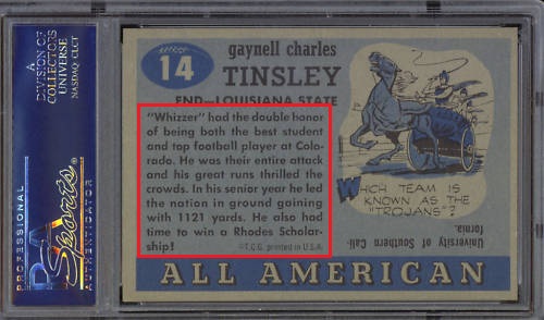 Back of 1955 Topps All-American Gaynell Tinsley error card