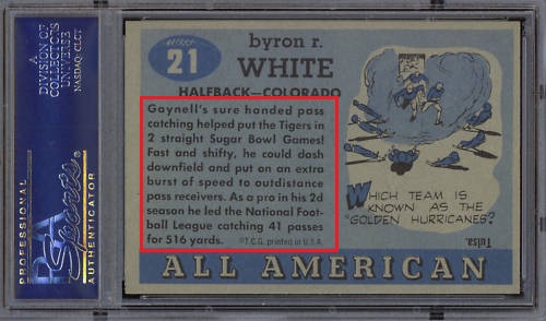 Back of 1955 Topps All-American Whizzer White rookie football card