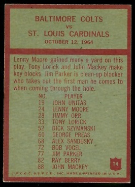 1965 Philadelphia Colts Play of the Year football card back
