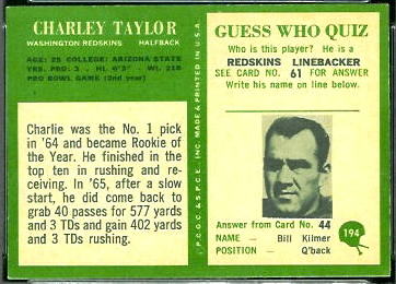Back of 1966 Philadelphia Charley Taylor football card