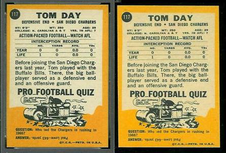 1967 Topps Tom Day football card backs
