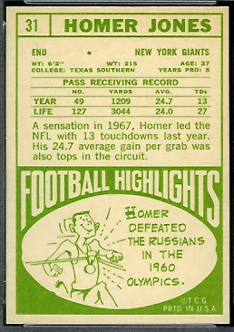 1968 Topps Homer Jones football card back 1968 Topps Homer Jones football card back