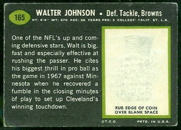 1969 Topps Walter Johnson football card back