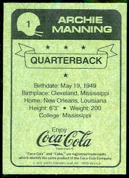 1979 Coke Saints Archie Manning football card back