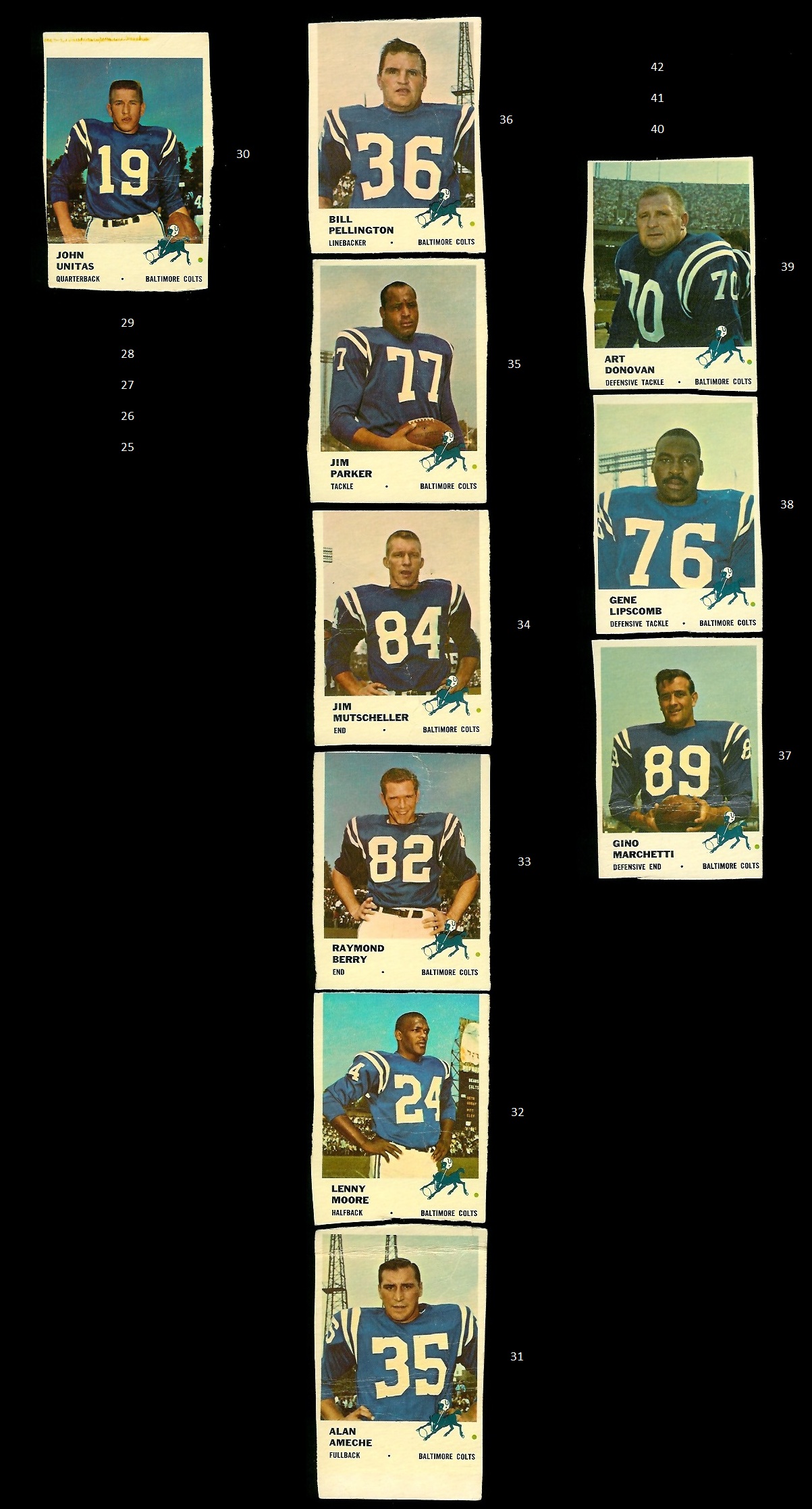 hand-cut 1961 Fleer Baltimore Colts football cards