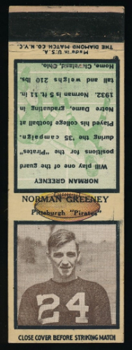 Norman Greeney 1935 Diamond Matchbooks football card
