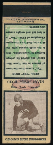 Tex Irvin 1935 Diamond Matchbooks football card