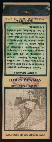 Harry Newman 1935 Diamond Matchbooks football card