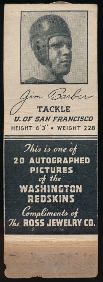 Jim Barber 1939 Redskins Matchbooks football card