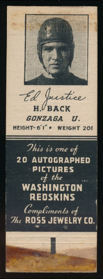 Ed Justice 1939 Redskins Matchbooks football card