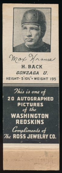 Max Krause 1939 Redskins Matchbooks football card