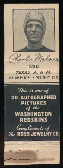Charley Malone 1939 Redskins Matchbooks football card