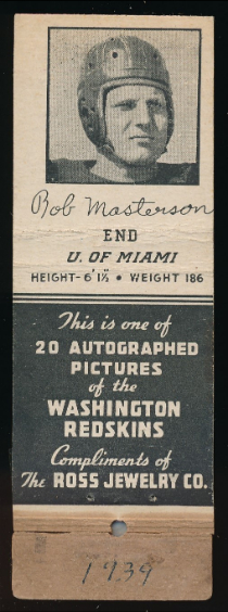 Bob Masterson 1939 Redskins Matchbooks football card
