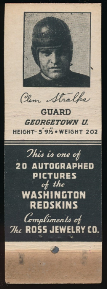 Clem Stralka 1939 Redskins Matchbooks football card
