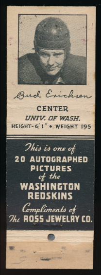 Bud Erickson 1939 Redskins Matchbooks football card