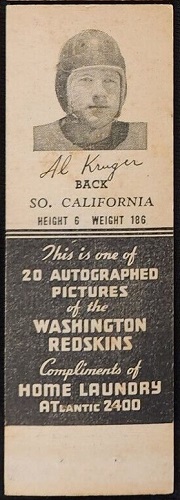 Al Krueger 1942 Redskins Matchbooks football card