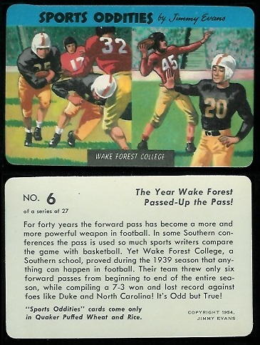 Wake Forest College 1954 Quaker Sports Oddities football card