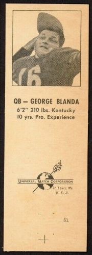 George Blanda 1960 Oilers Matchbooks football card