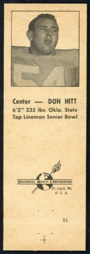 Don Hitt 1960 Oilers Matchbooks football card