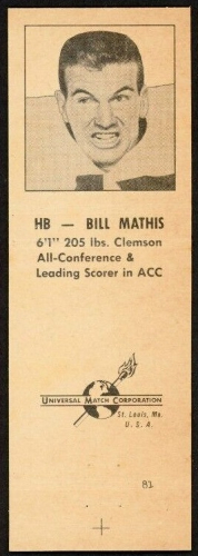 Bill Mathis 1960 Oilers Matchbooks football card