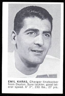 Emil Karas 1961 Golden Tulip Chargers football card
