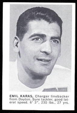Emil Karas 1961 Golden Tulip Chargers football card Emil Karas 1961 Golden Tulip Chargers football card