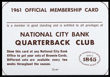 Quarterback Club Membership Card 1961 National City Bank Browns football card