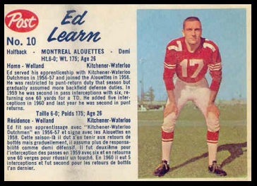 Ed Learn 1962 Post CFL football card