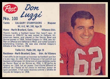 Don Luzzi 1962 Post CFL football card