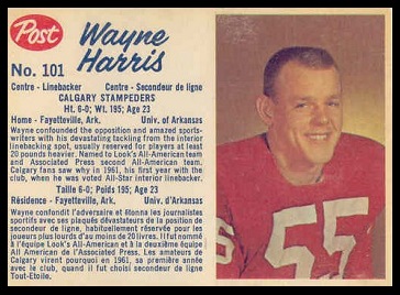 Wayne Harris 1962 Post CFL football card Wayne Harris 1962 Post CFL football card
