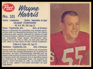 Wayne Harris 1962 Post CFL football card