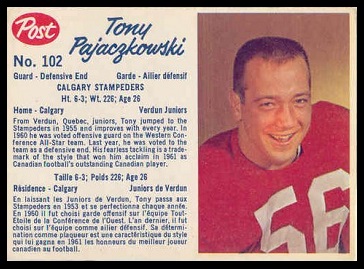 Tony Pajaczkowski 1962 Post CFL football card