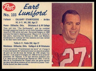 Earl Lunsford 1962 Post CFL football card Earl Lunsford 1962 Post CFL football card