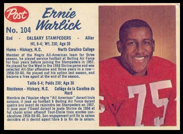 Ernie Warlick 1962 Post CFL football card