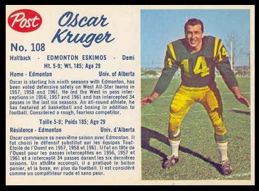 Oscar Kruger 1962 Post CFL football card