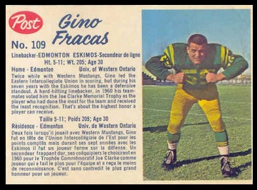 Gino Fracas 1962 Post CFL football card Gino Fracas 1962 Post CFL football card