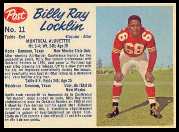 Billy Ray Locklin 1962 Post CFL football card