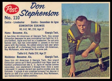 Don Stephenson 1962 Post CFL football card