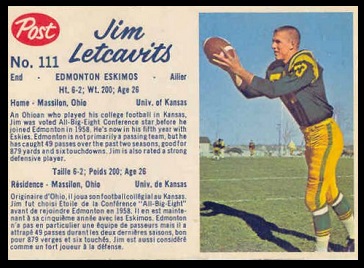 Jim Letcavits 1962 Post CFL football card