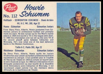 Howie Schumm 1962 Post CFL football card