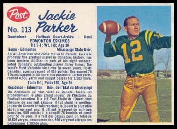 Jackie Parker 1962 Post CFL football card