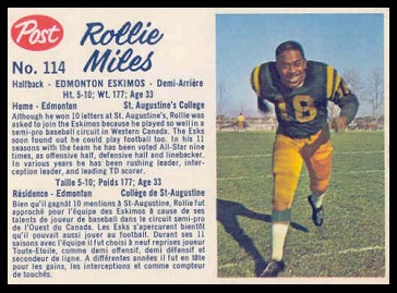Rollie Miles 1962 Post CFL football card